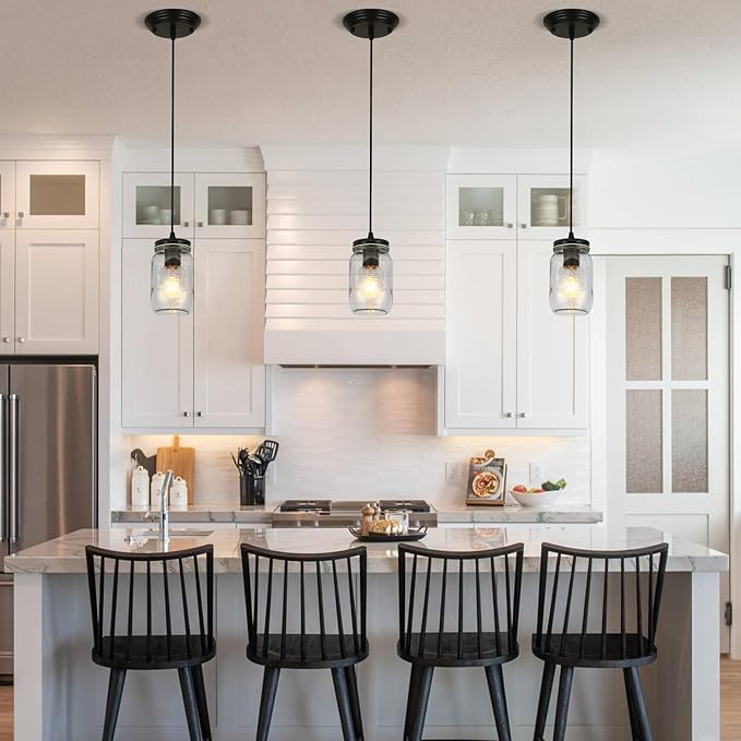 Black Pendant Lights, 2 Pack Clear Glass Pendant Lights Kitchen Island, Farmhouse Mason Jar Pendant Lighting, Mini Hanging Lights for Kitchen Sink Dining Room Bedroom Hallway
