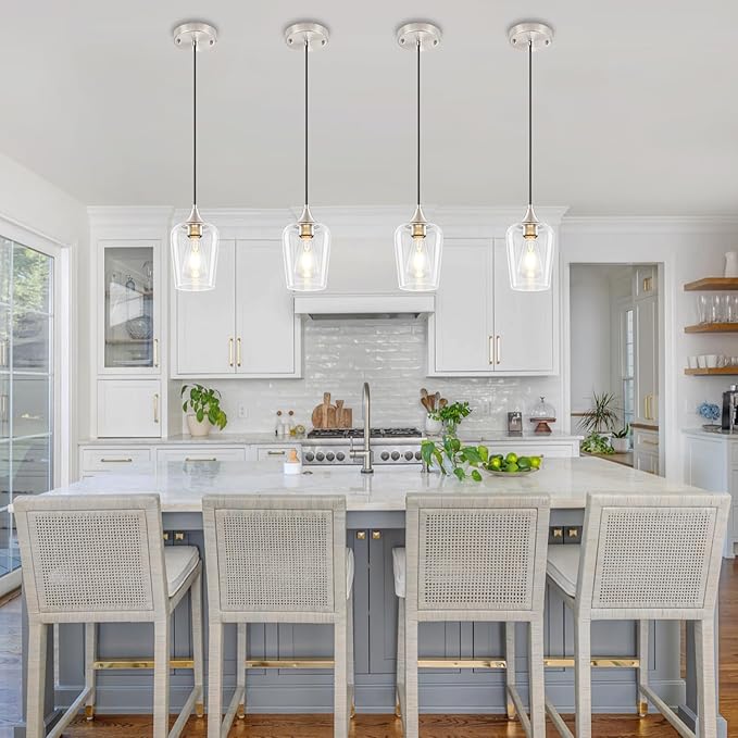 3 Pack Brushed Nickel Pendant Lights Kitchen Island, Modern Glass Pendant Lighting Over Island, Kitchen Hanging Light Fixtures Over Sink Adjustable Mini Pendant Lights for Bathroom Dining Room Hallway