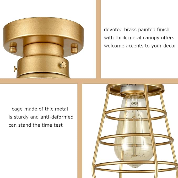 Industrial Flush Mount Ceiling Light Fixture, Gold Farmhouse Mini Metal Cage Light, Vintage Rustic Close to Ceiling Light Fixture for Kitchen Hallway Entryway Entrance Stairway Laundry Room