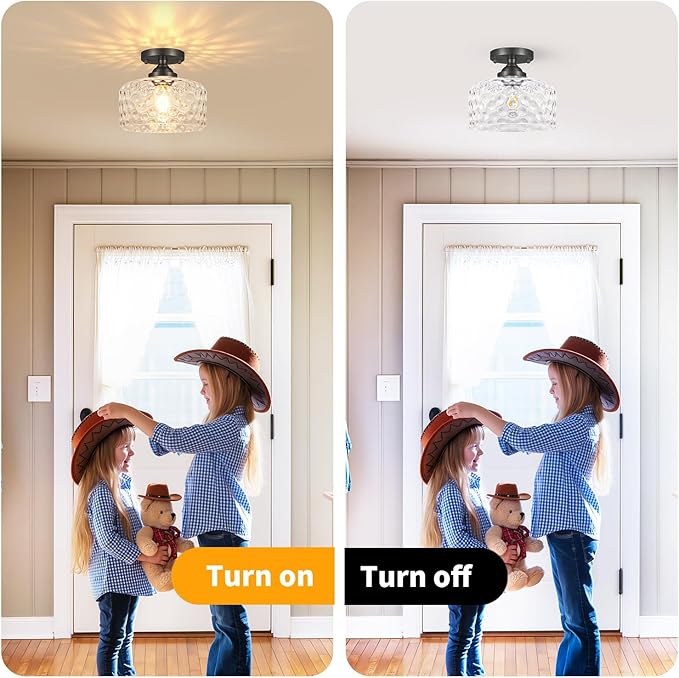 Small Semi Flush Mount Ceiling Light Fixture, Vintage Black Close to Ceiling Lighting with Hammered Glass Shade for Hallway, Kitchen, Entryway (Retro Design, Easy Install)
