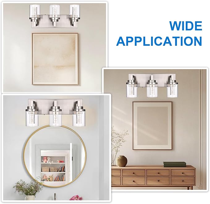 MELUCEE Modern LED Bathroom Vanity Light Bar Brushed Nickel Bubble Crystal Vanity Lights Over Mirror 3 Light Bath Wall Light Fixture with Clear Glass Shade, Built-in LED Chips, 5CCT Adjustable