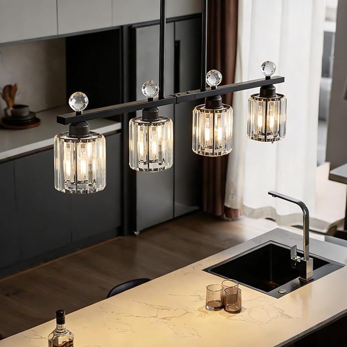 Modern Dining Room Light Fixture Over Table, Crystal Pendant Lights Kitchen Island, Chandeliers for Dining Room Kitchen Light Fixtures (E26) 3-Light Black