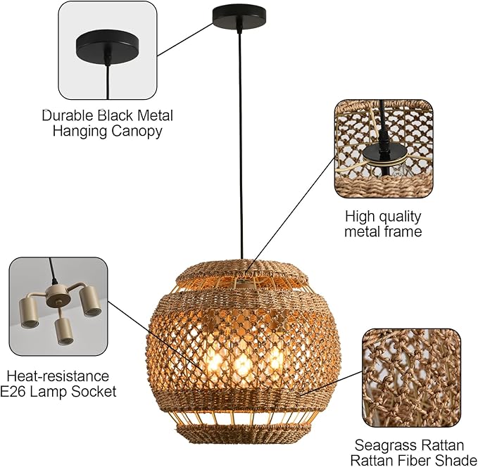 15.75" Rattan Pendant Light 3-Light Boho Seagrass Hanging Light Hand Woven Water Plants Rattan Chandelier for Dining Living Bedroom Kitchen Farmhouse