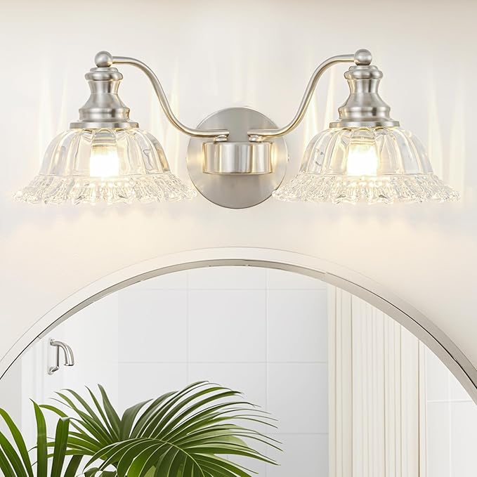 Brushed Nickel Bathroom Light Fixtures Over Mirror, 2 Light Vintage Bathroom Vanity Light Fixture with Clear Flower Glass Shades, Retro Vanity Lights for Bathroom, Bathroom Vanity Lights Over Mirror