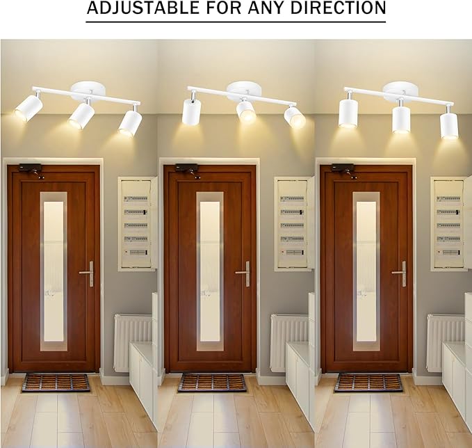 BoostArea LED 3 Light Track Lighting Kit, White 3 Way Ceiling Spot Lighting, Flexibly Rotatable Light Head for Kitchen, Living Room, Bedroom, GU10 Bulb Not Included
