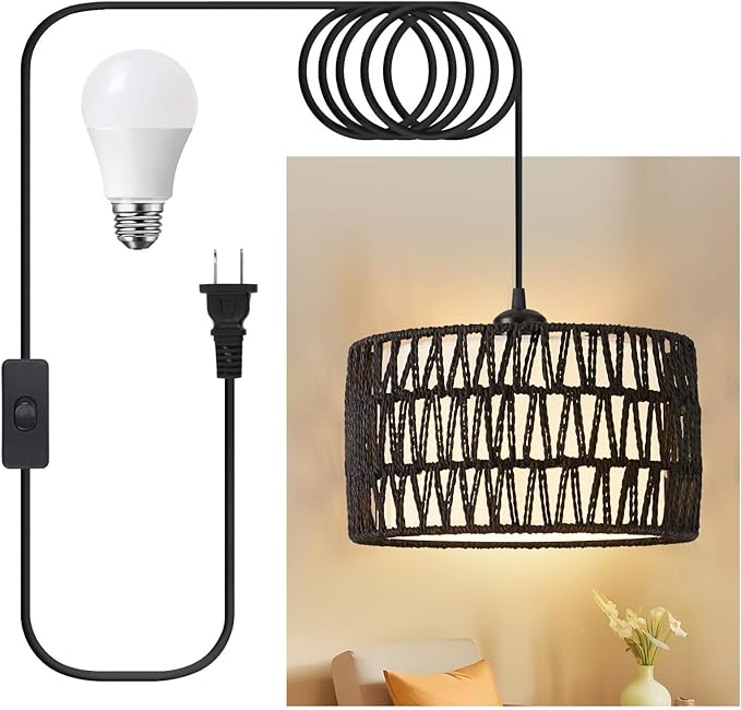 Plug in Pendant Light, Rattan Hanging Lights with Plug in Cord, Woven & Fabric 2 in 1 LampShade, Hanging Lamp Plug in for Bedroom Living Room Kitchen Island-Black (Bulb Included)