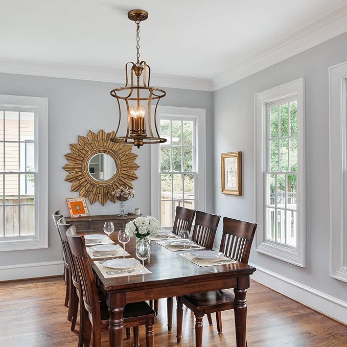Modern Lantern Pendant Light 4-Light Lantern Chandelier Lighting, Rusty Gold Pendant Lights Kitchen Island Hanging Light Fixtures for Dining Room Hallway Living Room