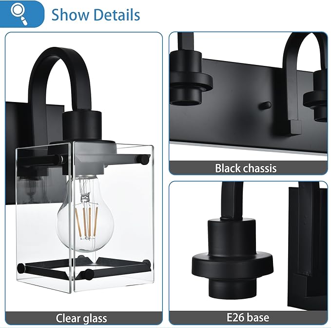 6 Light Bathroom Vanity Lights Fixtures, Black Bathroom Wall Lights Modern Bath Wall Mounted Lights with Clear Glass Shade Wall Light for Mirror Bed Hallway (E26 Base)