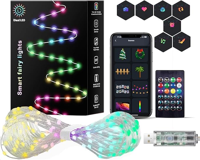 Super RGB Smart Fairy String Lights 66ft 200LEDs, Color Changing w/Remote & App Control, Multicolor Dynamic DIY RGB-IC Twinkle Light for Bedroom, Birthday, Party, Wedding Indoor Outdoor Decor