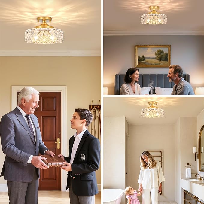 Gold Semi Flush Mount Ceiling Light, 3-Light Ceiling Light with Hammered Glass, Vintage Hallway Lights, Brass Closet Light Fixture, Kitchen Flush Ceiling Mount for Entryway Bedroom Bathroom,E12