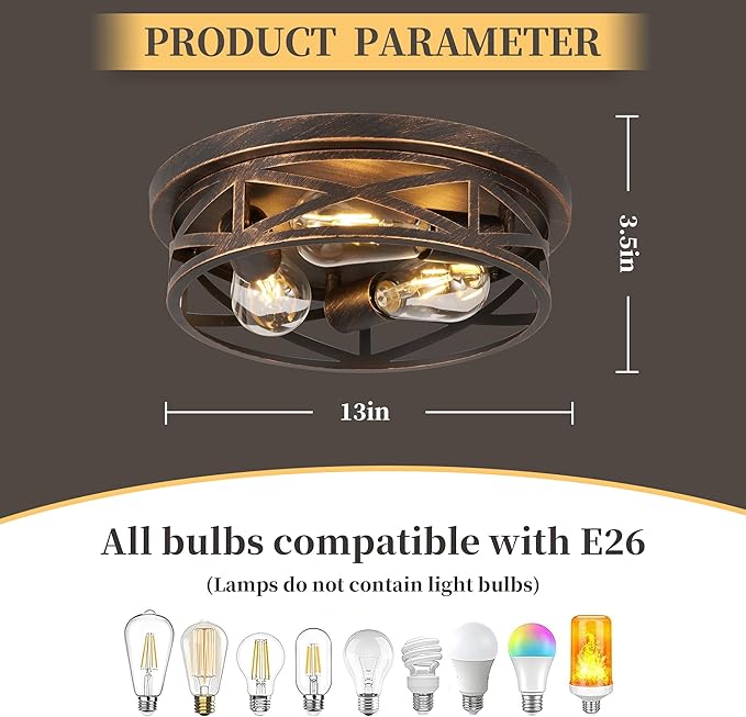 1 Pack Flush Mount Ceiling Light, 3-Light Close to Ceiling Light Fixtures, 13 Inch Farmhouse Cage Style Ceiling Lights for Bedroom, Living Room, Porch Kitchen (Black + Gold)