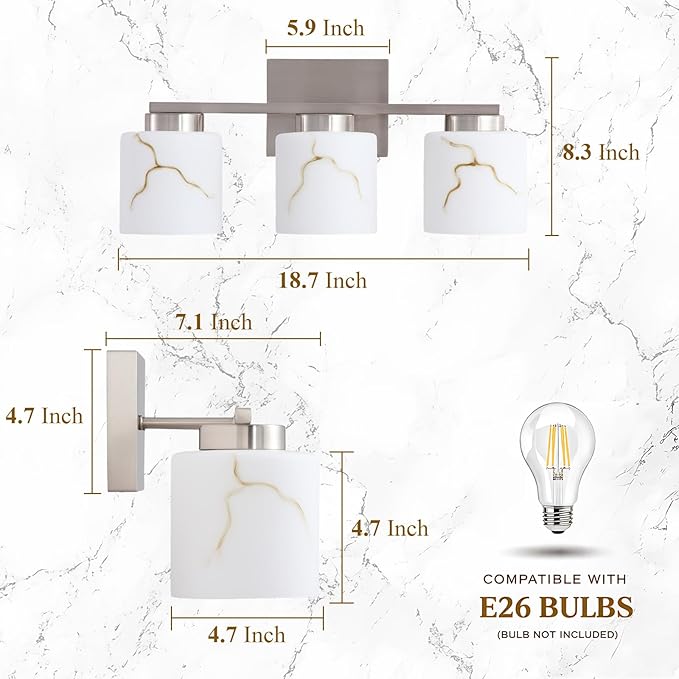 3-Light Brushed Nickel Bathroom Light Fixture, Modern Bathroom Vanity Light Over Mirror with White Marble Glass Shade, Wall Mounted Sconces Lighting for Bedroom Cabinet Kitchen Living Room