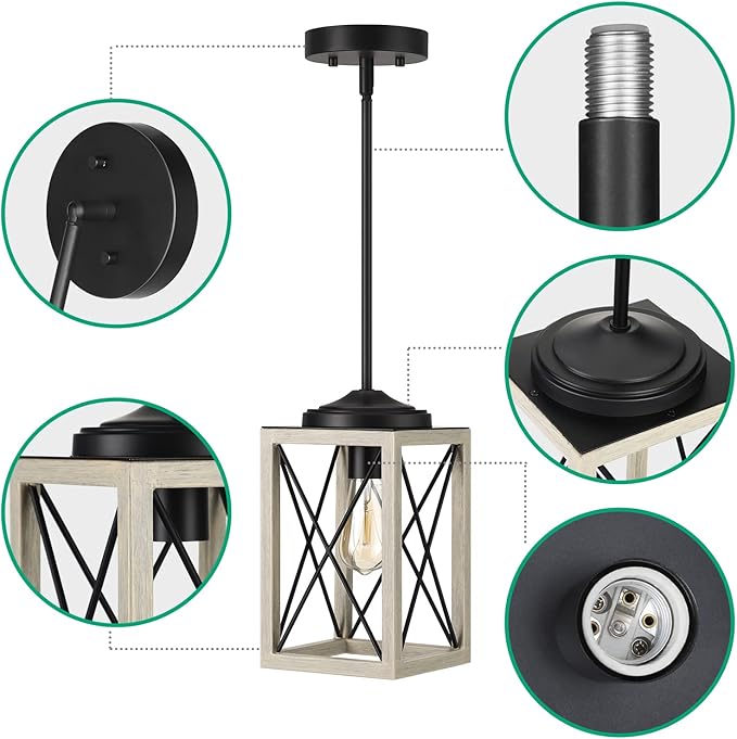 DEWENWILS Farmhouse Pendant Light, Metal Hanging Light Fixture with Wooden Grain Finish, 48" Adjustable Pipes for Flat and Slop Ceiling, Kitchen,Island, Living Room, Bedroom, E26 Base