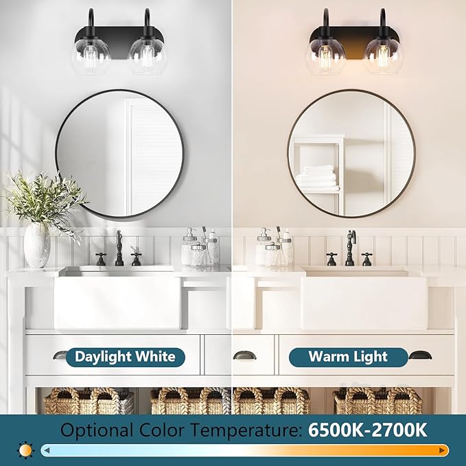 Dpyrrhic Modern 2-Light Vanity Light, Bathroom Lighting Fixture Over Mirror With Clear Glass Shade and Metal Base, Matte Black Wall Mounted for Bathroom
