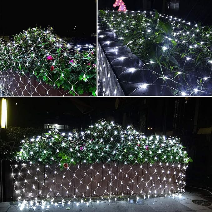 woohaha Outdoor Christmas Net Lights, 9.8FTx6.6FT 192 LED Plug-in Mesh Lights with 8 Lighting Modes, Connectable Light for Bush Christmas Garden Tree Holiday Wedding Party Decor, Cool White