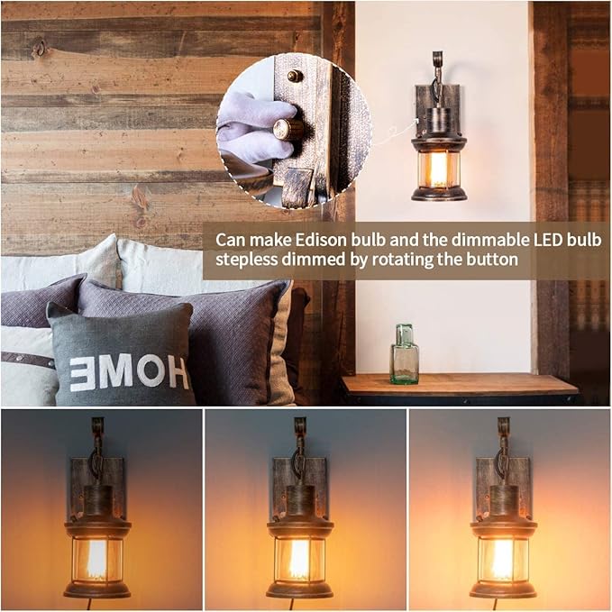 Yisuro Rustic Wall Light, 2-in-1 Antique Bronze Vintage Wall Light Fixture Plug in Industrial Glass Shade Lantern Lighting Retro Lamp Metal Wall Sconce for Home Bedroom Dining Room café(1 Pack)