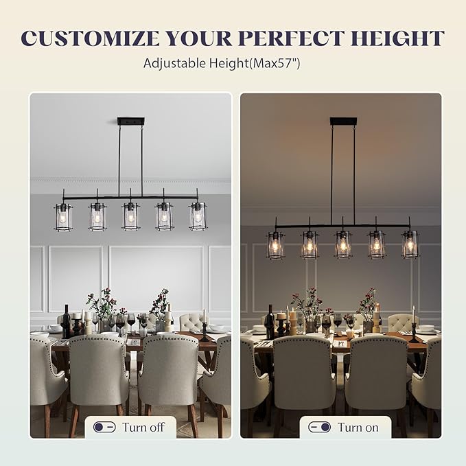 Farmhouse Linear Chandelier for Dining Room,Kitchen lsland Light Fixtures,5 Light Glass Chandeliers with Matte Black Finish,Height Adjustable L39.3”+W6.1”