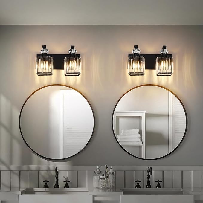 Modern Bathroom Vanity Light, 2-Light Black Bathroom Lighting Fixtures Over Mirror, 12.6" Crystal Wall Light Sconce for Bathroom/Bedroom/Vanity, Includes LED Bulbs, Easy Installation