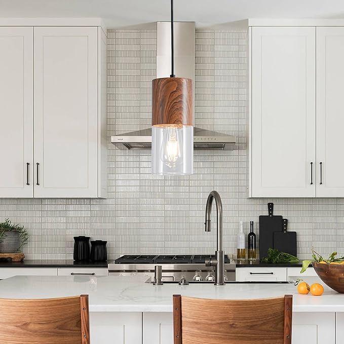 2-Pack Modern Pendant Lights for Kitchen Island, Adjustable Pendant Light Fixtures with Brown Wood Grain, Industrial Clear Glass Pendant Lights for Dining Table Hallway Bedroom Living Room