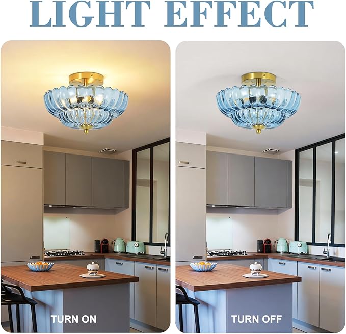 11.8 inch Kitchen Ceiling Light, 3-Light Semi Flush Mount Ceiling Lamp with Flower Glass, Modern Close to Ceiling Light Fixtures for Bathroom Bedroom Hallway Entryway, Blue