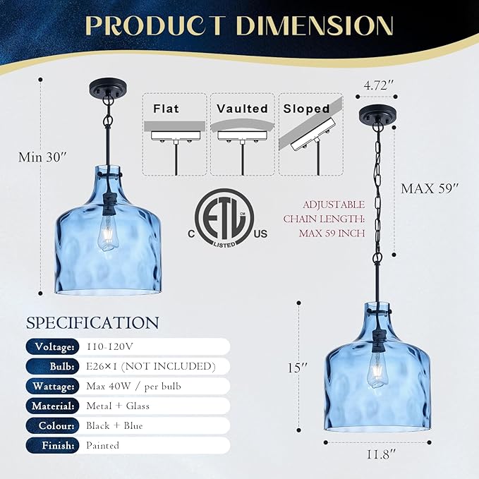 Farmhouse Pendant Light – Hand-Blown Blue Hammered Glass Shade, Black Finish, E26 Socket, Adjustable Chain Hanging Light Fixture for Kitchen Island, Dining Room & Hallway, 15" H x 12" D
