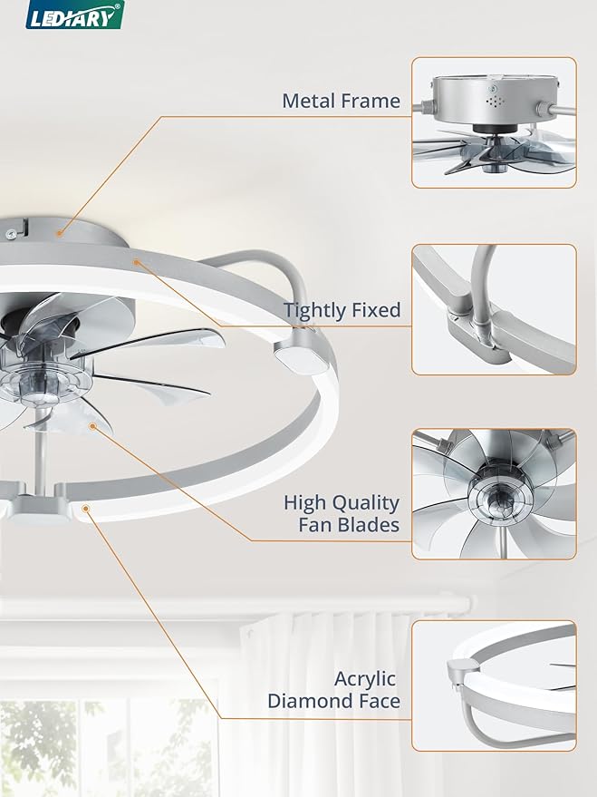 LEDIARY Ceiling Fans with Lights and Remote, 20'' Low Profile Ceiling Fan with Light, 3000-6000K Dimmable Fandelier LED Fan Light, 6 Wind Speeds, Grey Modern Flush Mount Ceiling Fan for Bedroom