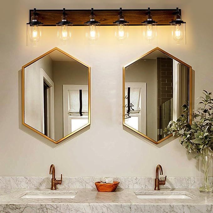 Lanhall 6-Light Farmhouse Bathroom Light Fixtures Vintage Bathroom Vanity Lights Over Mirror Black and Wood Painted Metal Vanity Light for Bathroom with Glass Shades E26 Socket