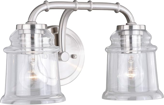 VAXCEL Toledo 2-Light 14.75 inch Wide Satin Nickel Industrial Bathroom Vanity Lighting Fixture, Clear Glass Shade, Dimmable, LED Compatible, Over The Mirror Mounted Steel Wall Sconce