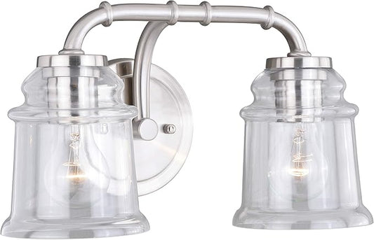 VAXCEL Toledo 2-Light 14.75 inch Wide Satin Nickel Industrial Bathroom Vanity Lighting Fixture, Clear Glass Shade, Dimmable, LED Compatible, Over The Mirror Mounted Steel Wall Sconce