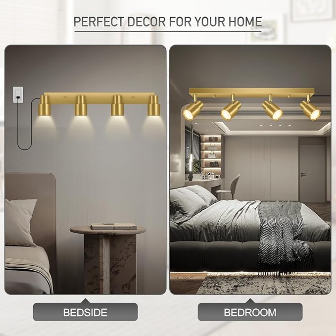 Plug in Track Lighting, 23" LED Track Light Fixtures Ceiling, Gold 4 Way Spotlight, Rotatable Light Head, Plug in Ceiling Light with Power Cord, Plug Wall Light for Kitchen Hallway Bar(GU10, NO Bulb)