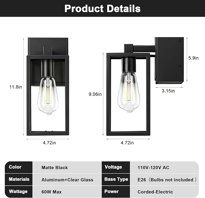 WIHTU Outdoor Wall Light Fixtures with GFCI Outlet, 2-Pack Waterproof Porch Lights, Alunmium Exterior Lighting Fixture Modern Outside Light Wall Mount for House Patio Front Door Garage Entryway Garden