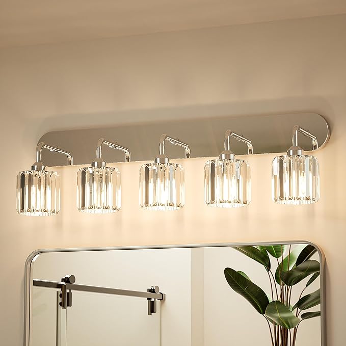 Keonjinn 5-Light Bathroom Light Fixtures, Crystal Chrome Bathroom Vanity Lights Over Mirror, Vanity Lighting Fixtures with Crystal Square Shades (E26 Socket, Exclude Bulb)