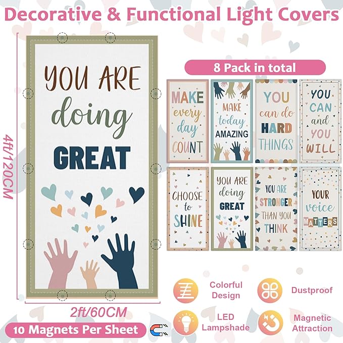 QOUBAI 8 Pcs Fluorescent Light Covers,4 x 2 Ft Magnetic Light Filters Motivational Fluorescent Lights Shade Easy Install for Classroom Office Library Hospital Home Ceiling Boho dot