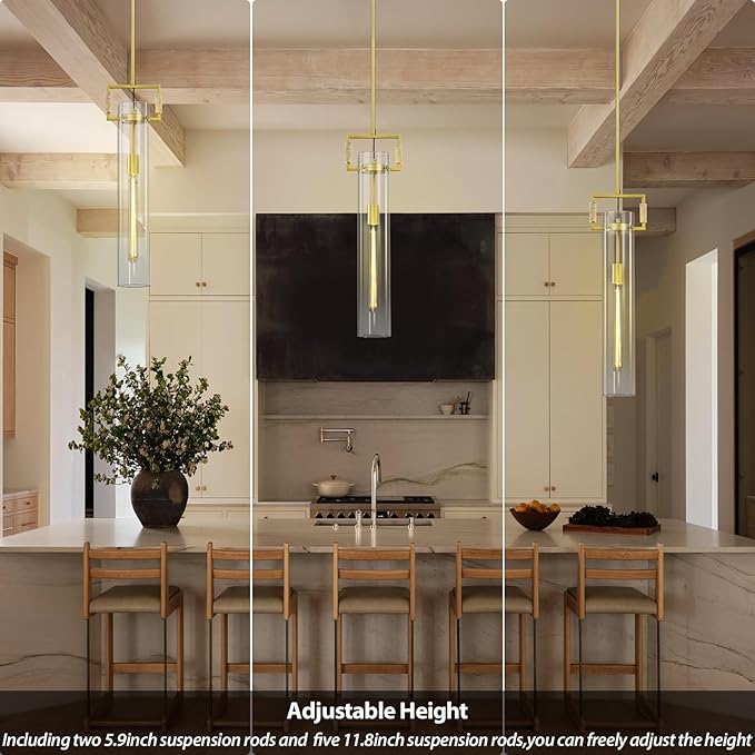 Brass Pendant Lights,Modern Glass Pendant Lights Kitchen Island,21.6'' Farmhouse Gold Kitchen Pendant Lighting Over Island for Dining Table,Bathroom,Bedroom,Included E26 Bulb