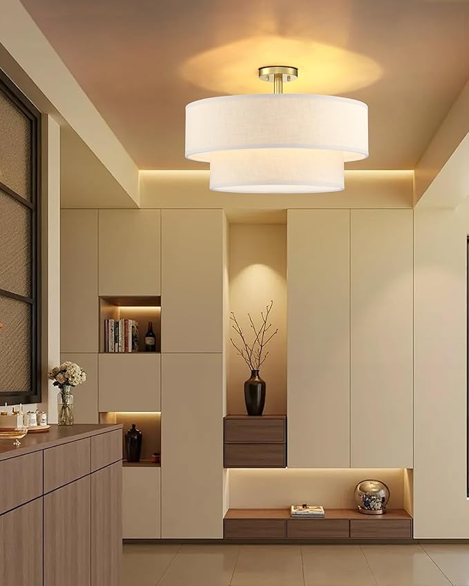 5 Light Semi Flush Mount Close to Ceiling Light Fixture,Cream Linen Fabric Shade Brushed Bronze Finish 22 inch for Bedroom,Living Room,Dining Room Hallway