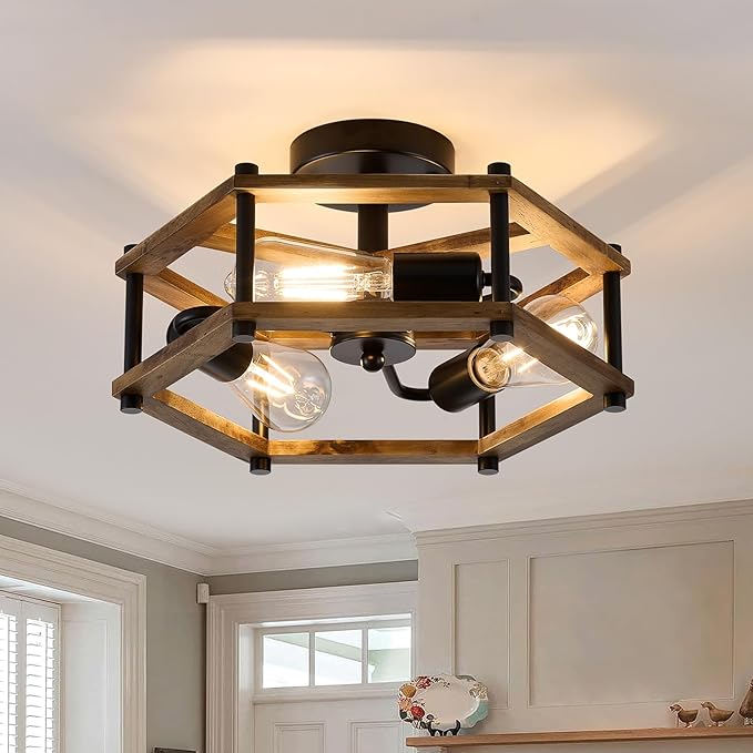 Dijiahua 3-Light Rustic Farmhouse Wood Flush Mount Ceiling Light Fixture, Black Semi Flush Mount Ceiling Lighting with Oak Wooden and Hexagonal Cage for Hallway Entryway Bedroom Kitchen