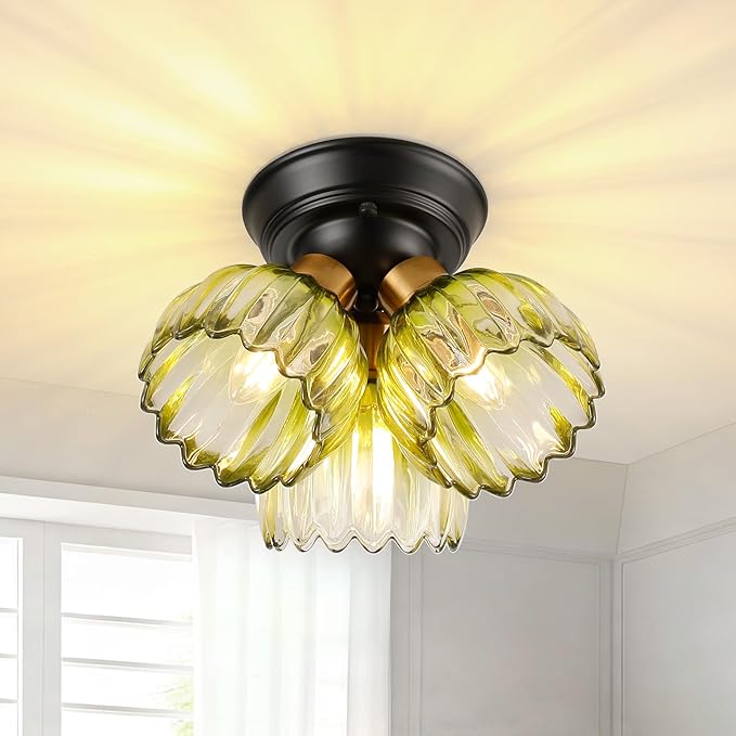 TALOYA Semi Flush Mount Ceiling Light,3-Light Close to Ceiling Light Fixtures with Green Tulip Glass Shades Modern Farmhouse Lighting Fixtures for Hallway Corridor Kitchen Bathroom Bedroom Passway