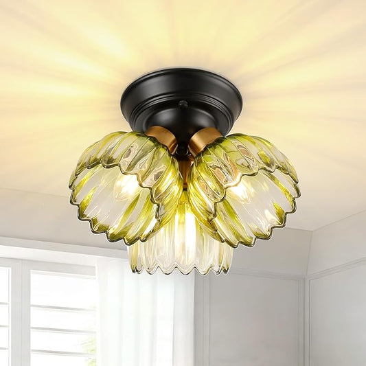 TALOYA Semi Flush Mount Ceiling Light,3-Light Close to Ceiling Light Fixtures with Green Tulip Glass Shades Modern Farmhouse Lighting Fixtures for Hallway Corridor Kitchen Bathroom Bedroom Passway