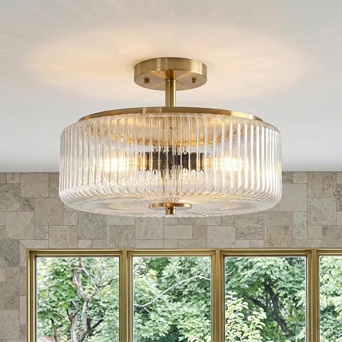 3-Light Gold Semi Flush Mount Ceiling Light, 11.8" Modern Hallway Light Fixtures Ceiling Mount with Ribbed Clear Glass Shade, Bright Close to Ceiling Lamp for Bedroom/Kitchen/Entryway/Dining Room