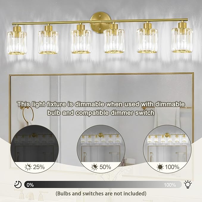 Crystal Bathroom Light Fixtures,Bathroom Lighting Fixtures Over Mirror, Modern 6-Light Brushed Nickel Vanity Lights for Mirror, Restroom,Kitchen(Ceramic E26 Socket,Bulbs Not Include)