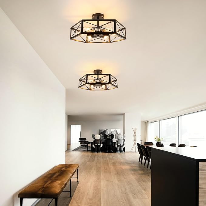 WILON Semi Flush Mount Ceiling Light, Industrial 6 Light Close to Ceiling Light Fixture, Black Dining Room Light Fixture Farmhouse Chandelier for Kitchen Hallway Bedroom Living Room(E26 Socket)