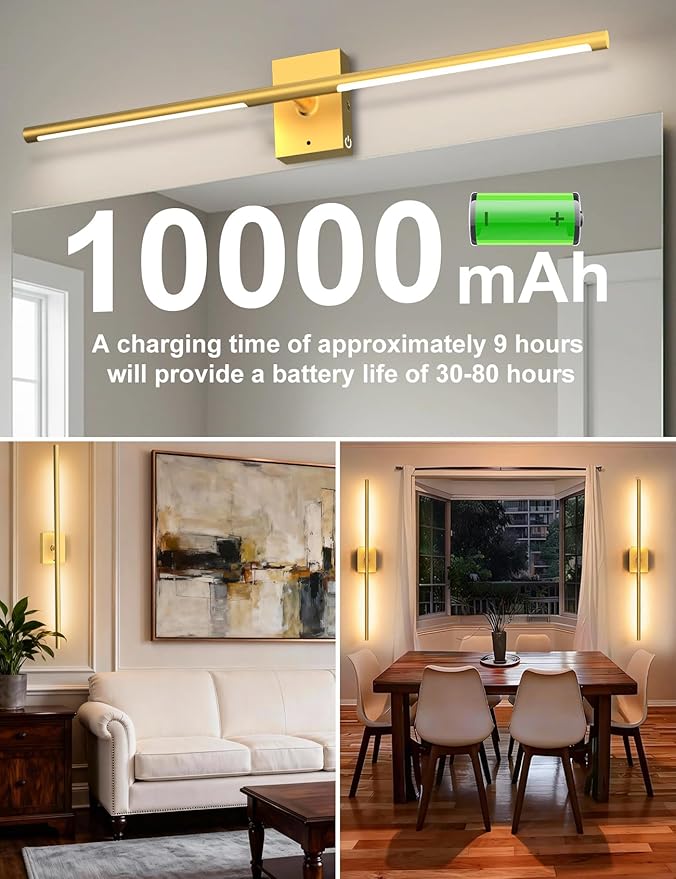 Battery Operated Wall Sconces Set of 2: 10000mAh Rechargeable Wall Lights with Remote, 360° Rotate 3000K-6000K LED Wireless Wall Light Fixtures Decor for Bedroom Living Room Hallway Picture Lighting