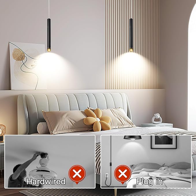 Rechargeable Pendant Lights Fixtures for Kitchen Island, Modern Pendant Light, 6000mAh Battery, 3 Color Dimmable No Wiring Hanging Lights, Adjustable Industrial LED Cylinder Pendant Lamp-Black