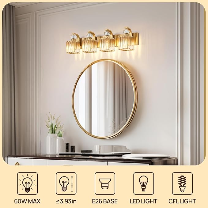 Modern Bathroom Vanity Light, 4-Light Gold Bathroom Lighting Fixtures Over Mirror, 28.4" Crystal Wall Light Sconce for Bathroom/Bedroom/Vanity, Includes LED Bulbs, Easy Installation