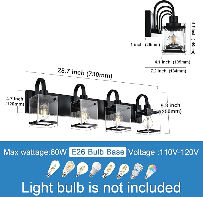 Black Vanity Light Bathroom Lighting Fixtures 4 Light Sconces Wall Lighting Mid Century Rustic Vanity Lights with with Glass Shade Porch Cage Wall Lamp for Mirror, Living Room, Bedroom