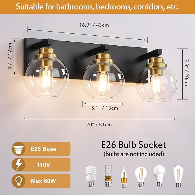 3-Light Bathroom Vanity Light Fixture Over Mirror, Bathroom Light Fixutre Matte Black & Gold Finish with Globle Clear Glass E26 Base Bulbs Not Included for Bathroom, Hallway, Bedroom, Living room