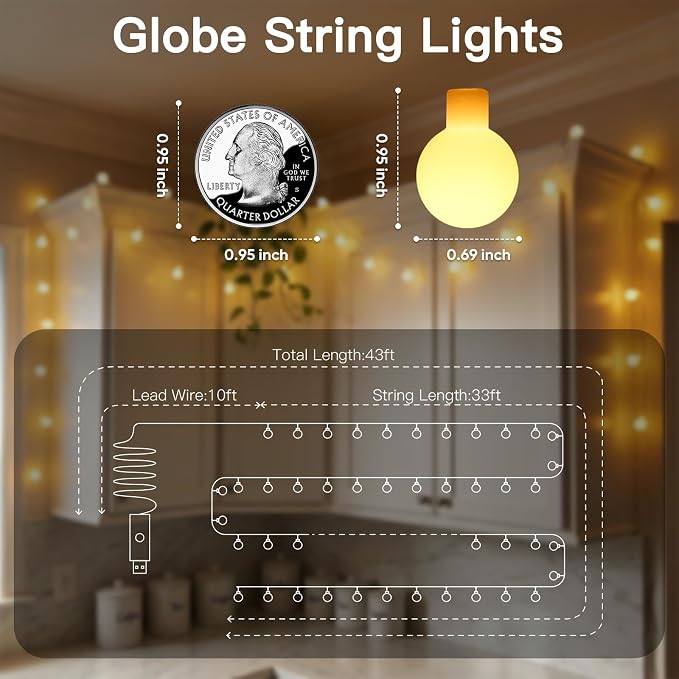 suddus Globe String Lights, 100 Led String Lights Plug in, Indoor Fairy Lights for Classroom, Backyard, Patio, Garden, Party, Bedroom, Living Room,Wall, Warm White