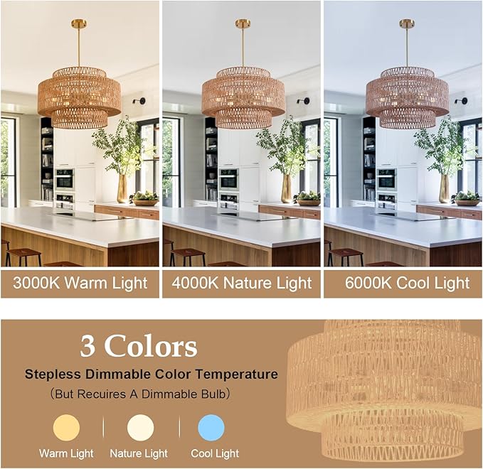 Boho Rattan Chandelier, 6-Light Dining Room Light Fixture,23.62" Wicker Pendant Lighting with3-Tier Woven Lampshade, Large Farmhouse Chandeliers for Kitchen