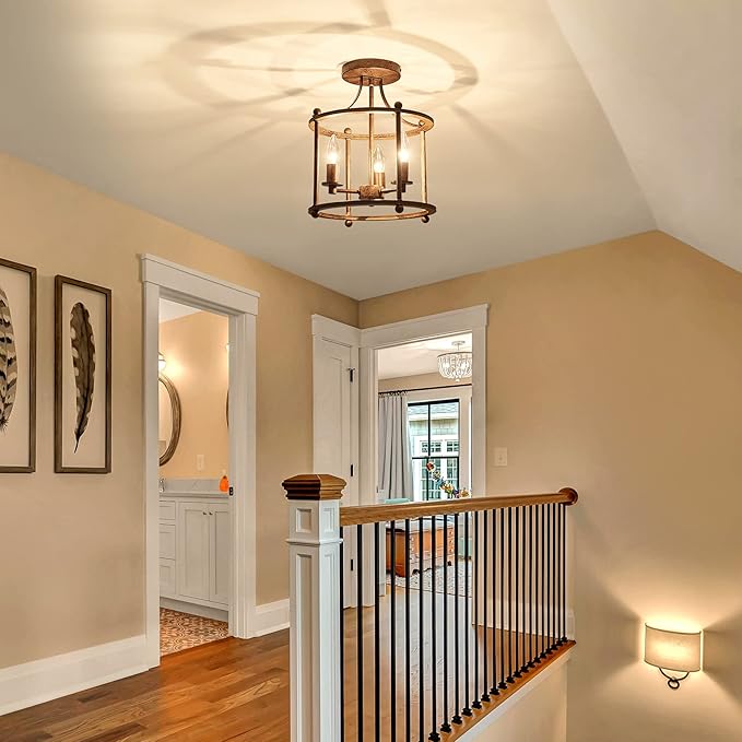 UOFUS 3-Light Farmhouse Vintage Semi Flush Mount Ceiling Light Fixtures in Rustic Bronze Metal Chandelier for Island Living Room Bedroom Kitchen Foyer Laundry Room Entryway Hallway