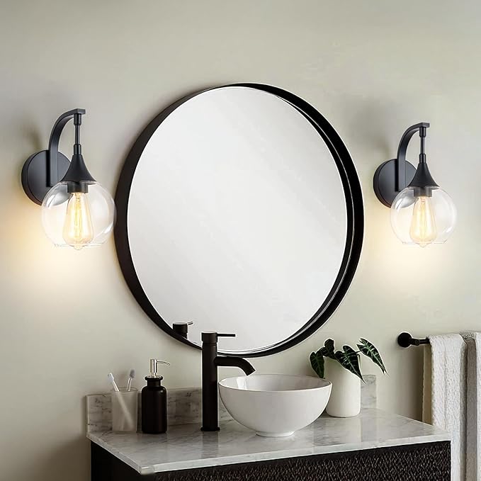Black Wall Sconce Light, Modern Vanity Light Fixtures with 4.9 Inches Clear Glass Shade, Farmhouse Wall Lights for Living Room, Bedroom, Hallway